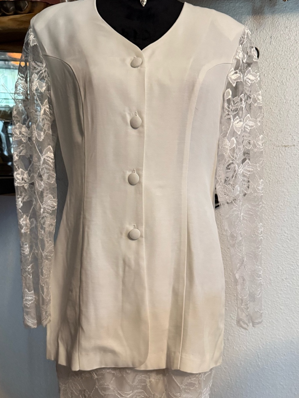 Vintage Habits Lace 2 Piece Skirt Set White Jacket Suit Made in USA •Size 12•